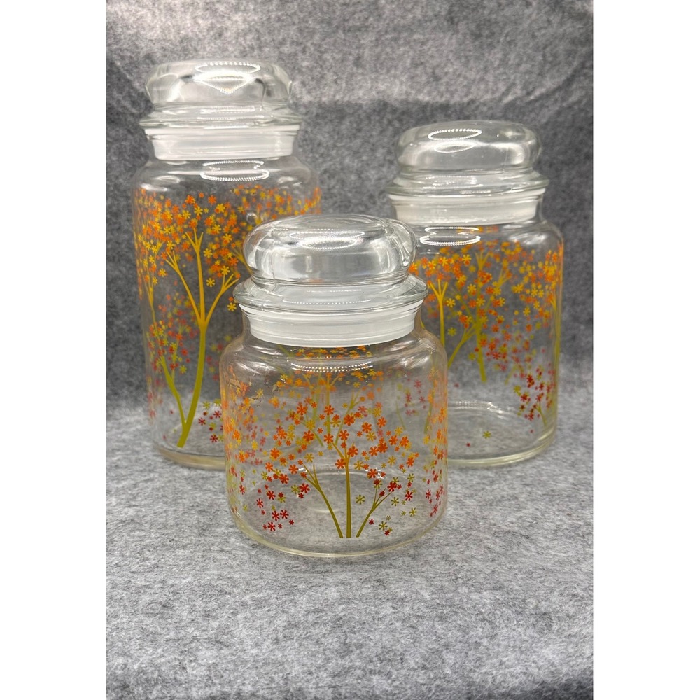 Vintage Glass Canister Set 3 Autumn Floral Tree Orange Yellow Red USA Made